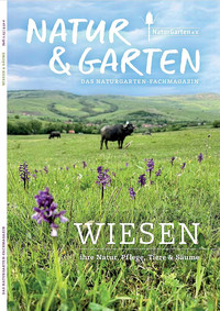 Cover des Magazins "Natur & Garten". Das Titelfoto zeigt eine Wiese, im Vordergrund sind lilafarbene Blumen zu erkennen, weiter hinten stehen schwarze Rinder. Im Hintergrund sind Hügel und blauer Himmel zu sehen. Das Titelthema lautet "Wiesen" und die Unterzeile ist: "ihre Natur, Pflege, Tiere & Säume"