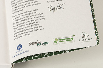 Letzte Seite unseres Notizbuches aus CoffeeCup-Papier mit dem CoffeeCup-Logo Letzte Seite unseres Notizbuches aus CoffeeCup-Papier mit dem CoffeeCup-Logo