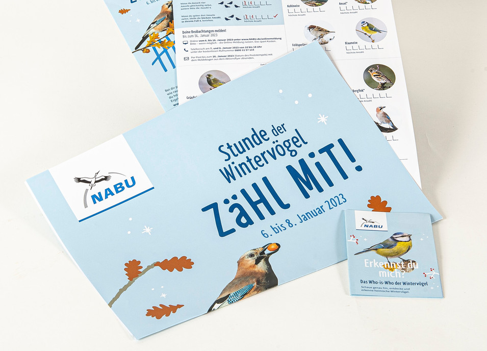 Ein Plakat mit der Aufschrift "Zähl mit!". Etwas kleiner steht darüber: Stunde der Wintervögel. Links oben ist das NABU-Logo zu sehen. Unten ist eine Illustration von einem Eichelhäher zu sehen. 