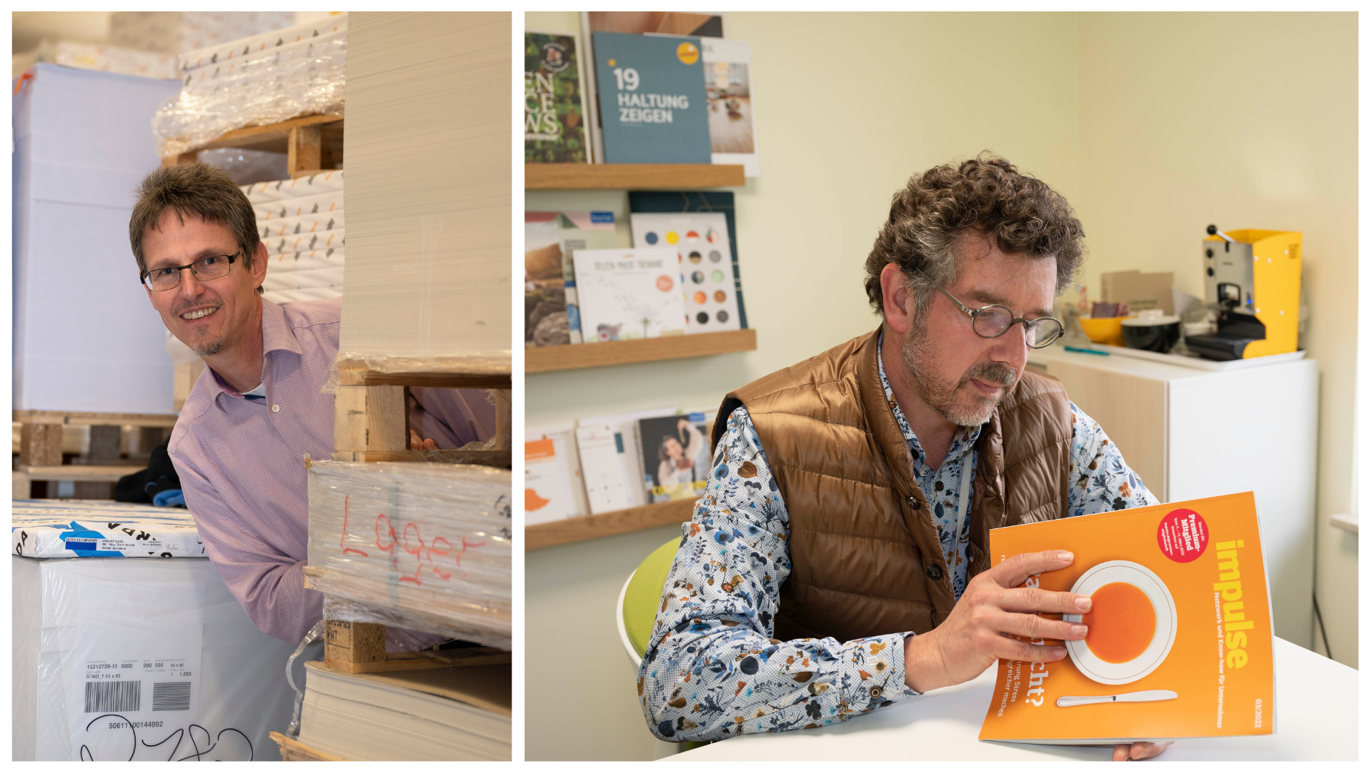 Zwei Fotos nebeneinander: Auf dem linken schaut ein Mann hinter einem Papierstaple hervor. Auf dem rechten Bild ist Ralf Lokay zu sehen. Er sitzt an einem Tisch und blättert in einem Magazin. Das Cover ist orange und darauf steht "impulse" 