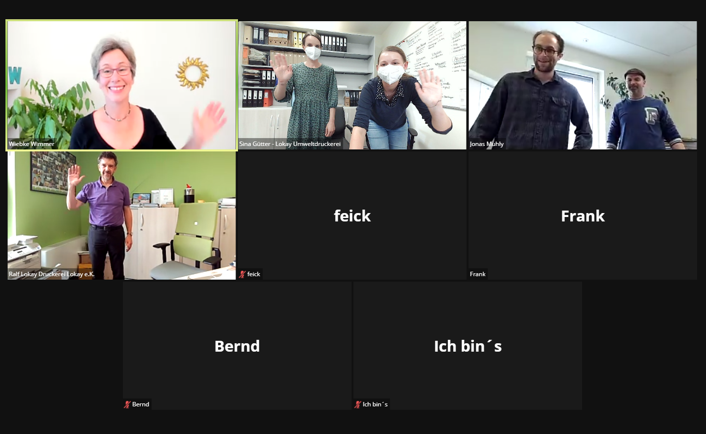 Screenshot einer Videokonferenz. Die Teilnehmer:innen stehen 